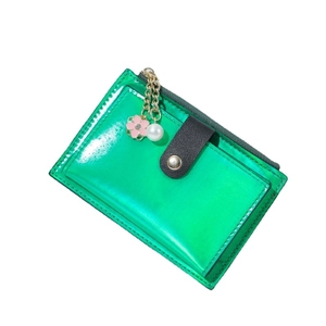 Glossy green patent leather multi-slot card wallet with floral pearl chain pendant