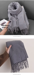 Detail of gray imitation cashmere scarf featuring colorful confetti dots and fringe tassels