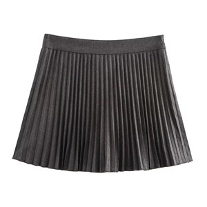 Sleek dark grey pleated mini skirt featuring high-waisted design and a subtle metallic sheen