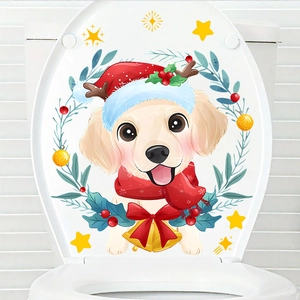 Detail view of a cute golden retriever Christmas toilet sticker with festive hat and scarf