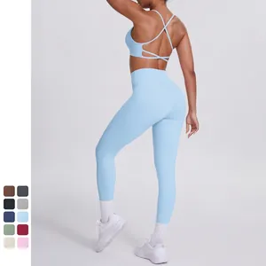 Leggings de Sport Taille Haute Sans Couture Et Soutien-Gorge Dos Croisé Ensemble Yoga Sensation Nue pour Femmes Fitness