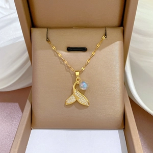Mermaid Tail Pendant Necklace Titanium Steel Chain Copper Rhinestone Synthetic Artificial Pearl Clavicle Jewelry For Women