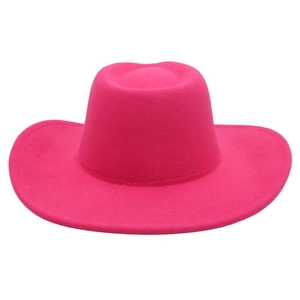 Detail view of the rose red wide brim fedora hat with smooth wool felt texture and clean edges