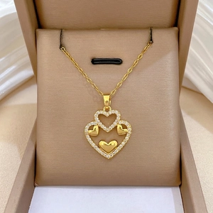 Double Layer Heart Pendant Necklace Stainless Steel Chain Copper Zircon Inlaid Luxury Elegant Jewelry For Women Girls
