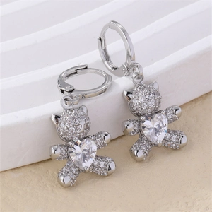 Bear Dangle Earrings With Heart Shaped Zirconia Paved Copper Fashion Jewelry For Women Korean Style