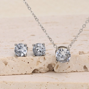 Elegant 18K silver plated stainless steel jewelry set with classic four-prong round zircon