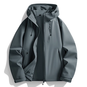 Men's dark grey hooded windbreaker jacket with multiple zippers and adjustable cuffs