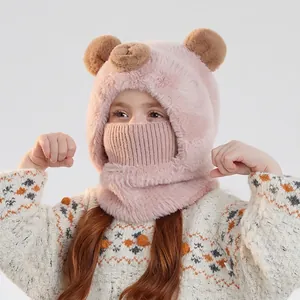 Pink plush bear balaclava hat with integrated knit face mask for children's winter warmth