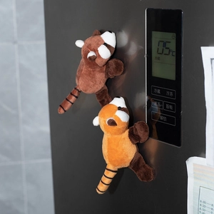 Cute plush red panda fridge magnets in brown and orange colors with magnetic limbs