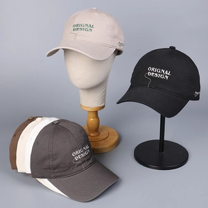 Detail of high-quality embroidery and twill cotton texture on several baseball caps