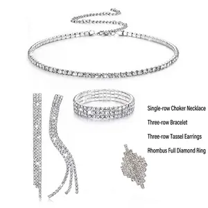 Sparkling silver rhinestone 4-piece jewelry set with necklace, bracelet, ring, and earrings