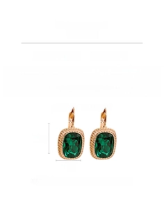 Detail view of emerald square hoop earrings with micro-pave white crystals in alloy