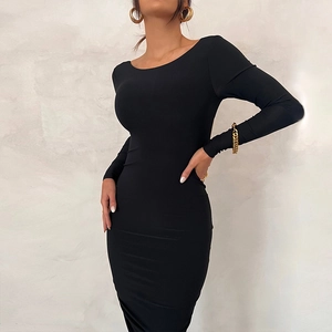 Elegant backless slim fit long sleeve maxi dress in solid black for women