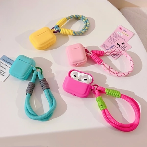 Colorful silicone cases for AirPods with braided lanyards in vibrant dopamine shades