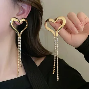 Heart Tassel Earrings With Rhinestone Long Drop Golden Copper And 925 Sterling Silver Earring Post Women Luxury Style