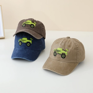 Kids vintage washed cotton baseball caps featuring off-road car embroidery in three colors