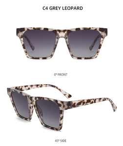 Detailed front and side view of grey leopard square sunglasses with gradient lenses