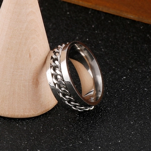 Stainless Steel Rotatable Chain Fidget Ring For Men Stress Relief Polished Band Minimalist Punk Jewelry