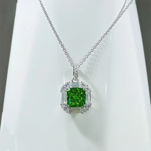 Luxury French style square green emerald pendant necklace with halo silver chain