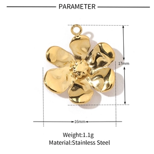 Detail view of 17mm gold stainless steel flower pendant with dimensions and weight specs