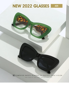 Cat eye glasses and sunglasses set on white pedestals featuring 2022 computer safety design