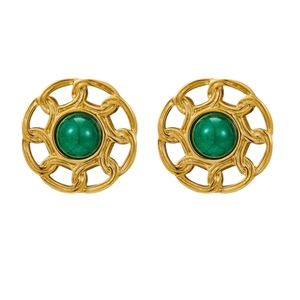 Vintage style gold-plated stainless steel stud earrings with green stones in braided bezels