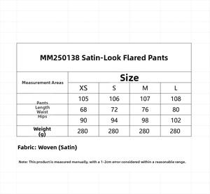 Größentabelle für Satin-Schlaghosen mit Längen- und Taillenmaßen im Detail