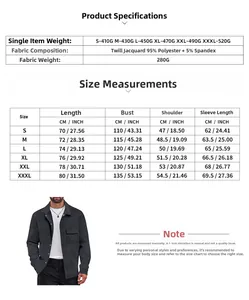 Detailed size chart for men's slim fit jacket with precise CM and INCH measurements