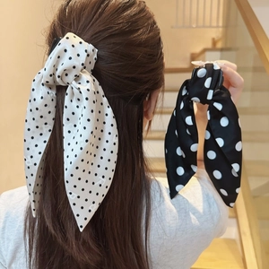 Elegant Polka Dot Bow Hair Claw Clip With Long Ribbon Satin Fabric Sweet Headwear Ponytail Holder For Women Girls
