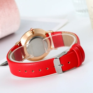 Detail view of the gold case back with red leather strap and silver needle buckle