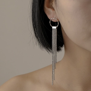 Long Tassel Earrings Rhinestone Alloy Circle Dangle 925 Sterling Silver Earring Post For Bridal Wedding Party Women