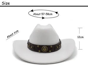 Size chart for white western cowboy hat showing 58cm circumference and 8cm wide brim