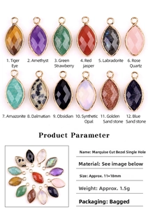 Detailed view of various marquise-cut semi-precious stone pendants with gold metal edges
