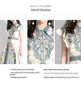 Détail d'une robe longue à fleurs vintage avec revers à volants et ceinture assortie