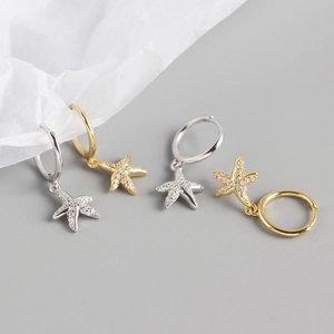 S925 sterling silver starfish hoop earrings with zircon pavé in gold and silver finish