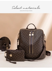 Close-up of premium leather backpack set with geometric patterns and gold zippers