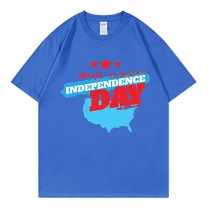 Blue oversized cotton T-shirt with July 4th Independence Day graphic on white background