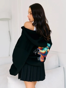 Oversized black zip-up hoodie featuring 'Rich' text and dollar sign print on the back