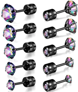 Lot de 5 paires de puces d'oreilles en acier noir avec cristaux facettés colorés