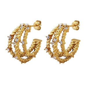Gold-plated C-shape four-layer rope earrings with cubic zirconia for women