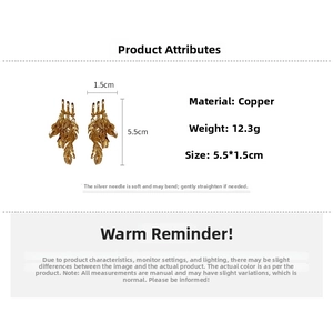 Detailed spec sheet showing gold layered leaf earrings with size and copper material info