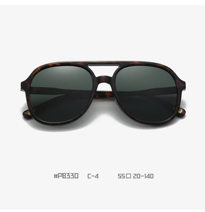 Detail view of P8330 tortoise shell aviator sunglasses with green lenses and dimensions