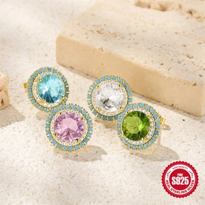 S925 sterling silver stud earrings with colorful round crystals and zircon halo