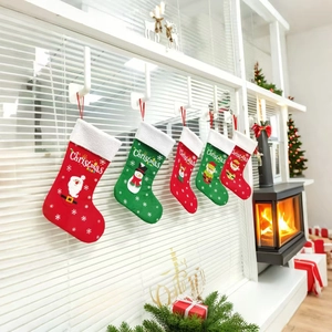 Five festive felt Christmas stockings hanging in a cozy fireplace holiday setting
