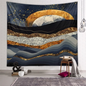 Detailed close-up of mountain landscape wall tapestry hanging on a white brick wall