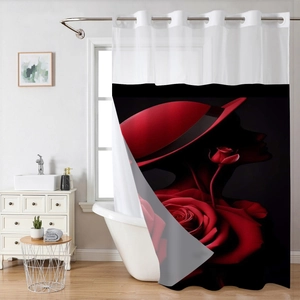 Detailed waffle texture of waterproof shower curtain with red lady and rose pattern