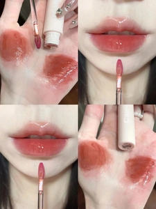 Glossy rose bean paste lip glaze swatches showing hydrating mirror finish on lips and skin
