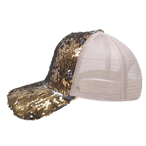 Close-up of gold sequins and breathable cream mesh on this stylish baseball cap