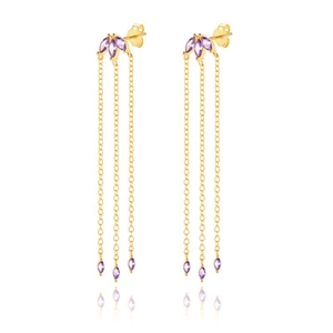 Luxurious S925 silver needle tassel earrings with purple marquise crystals and gold chains