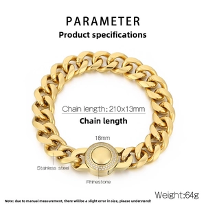 Detail of gold Cuban chain bracelet with CNC rhinestones showing 210x13mm dimensions